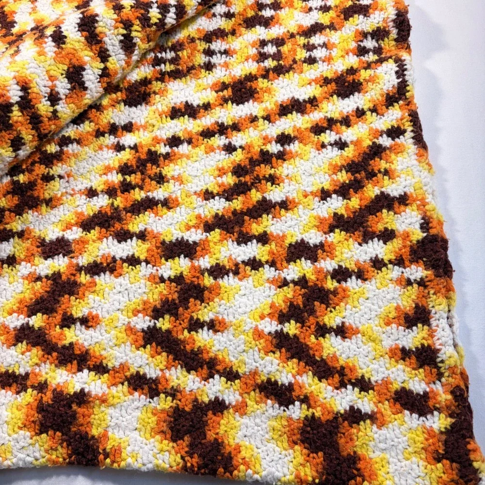 Vintage 70's Handmade Crochet Afghan Throw Blanket Orange Yellow Brown 64x44